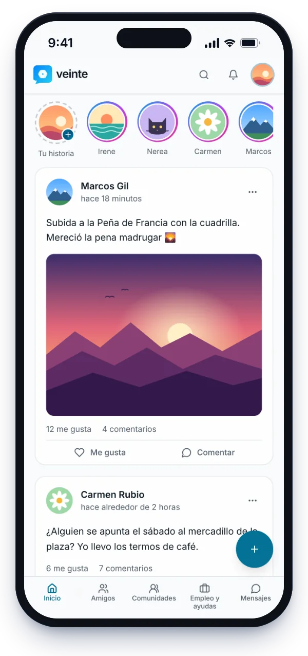 El muro de Veinte con historias de amigos y una publicación ordenada por fecha.