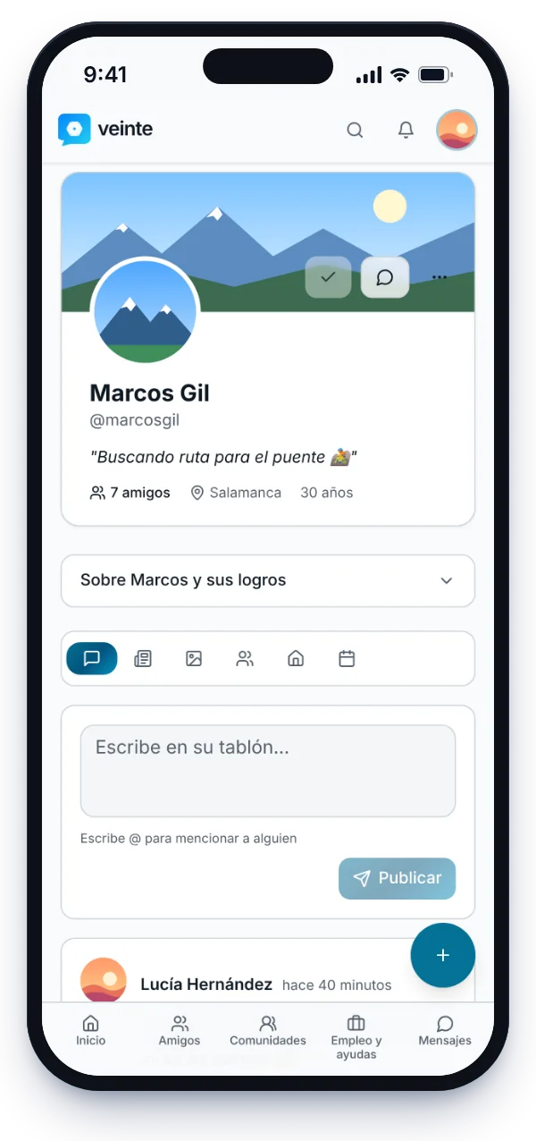 Perfil de Marcos con portada de montañas, su estado, siete amigos, su ciudad y las pestañas de tablón, publicaciones, fotos y amigos.