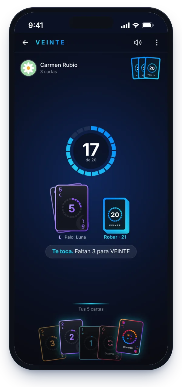 La mesa del juego de cartas VEINTE: el contador va por 17 de 20 y abajo están las cinco cartas de la mano.