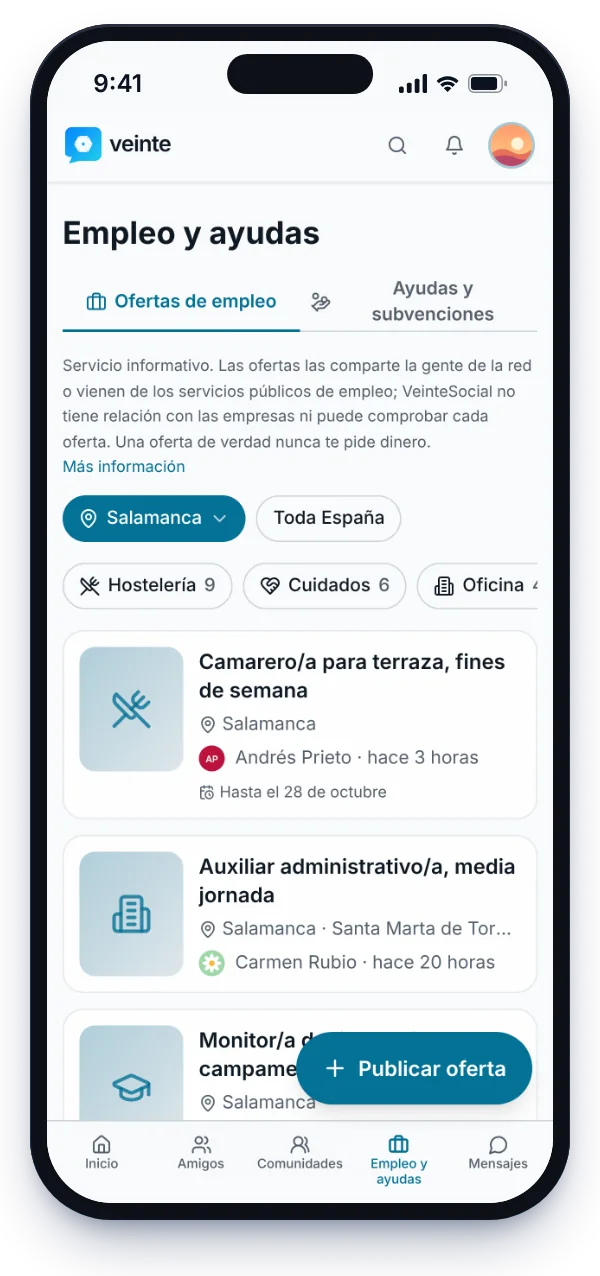 Empleo y ayudas: ofertas de trabajo en Salamanca filtradas por sector, como camarero para terraza o auxiliar administrativo.