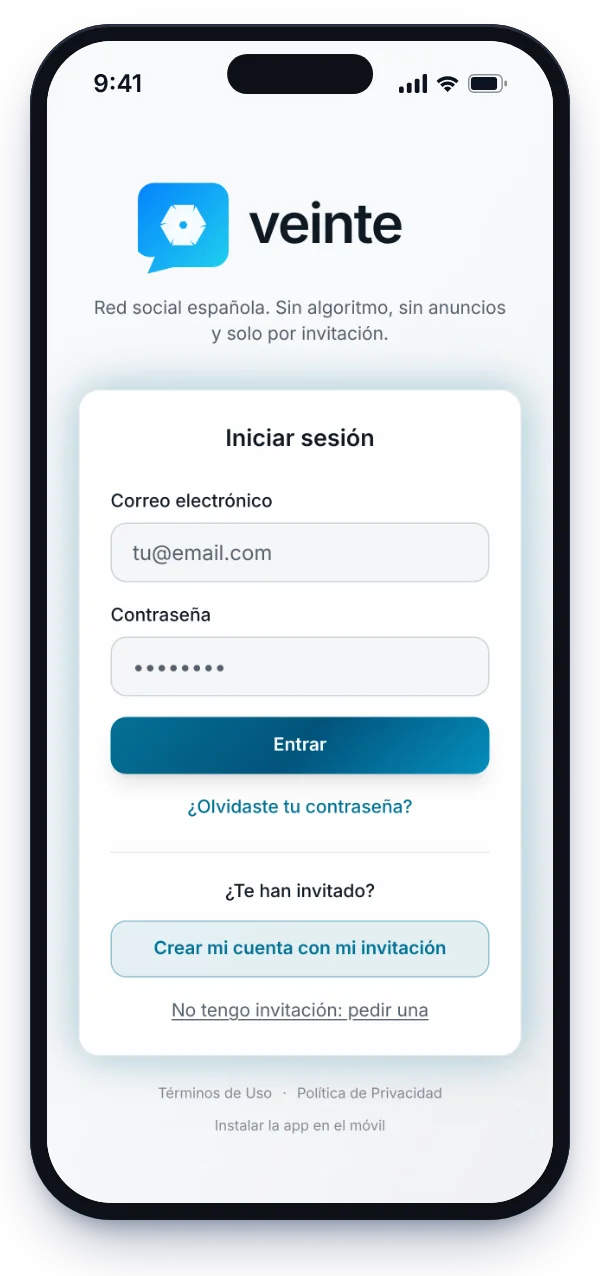 Pantalla de entrada: iniciar sesión, crear la cuenta con tu invitación o pedir una.