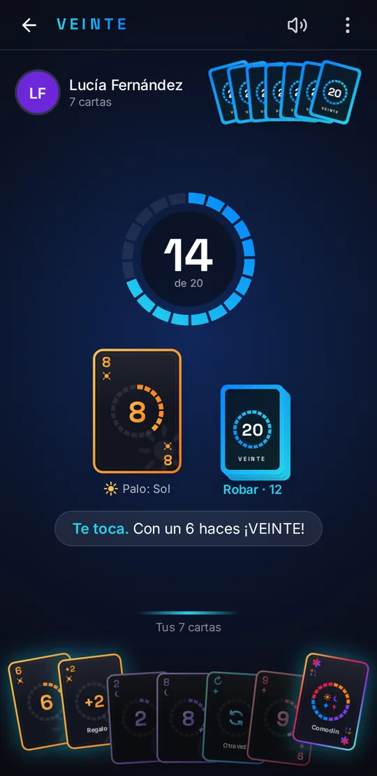 La mesa de VEINTE en el móvil: el contador marca 14 de 20, en la mesa hay un 8 de Sol y abajo están las cartas del jugador. Un aviso dice: «Te toca. Con un 6 haces ¡VEINTE!».