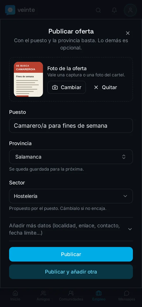 El formulario para publicar una oferta: la foto del cartel, el puesto, la provincia y el sector ya propuesto.